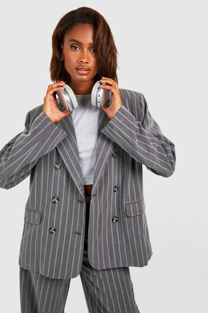Womens Premium Pinstripe Oversized Tailored Blazer - Grey - 12, Grey