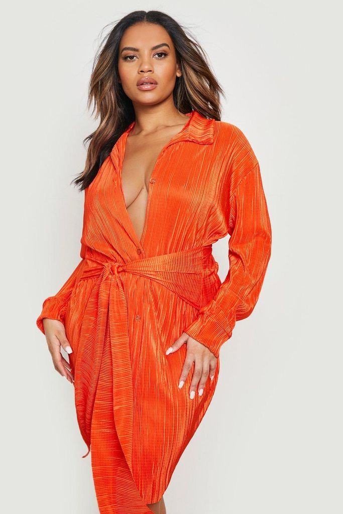 Womens Plus Plisse Wrap Shirt Dress - Orange - 16, Orange