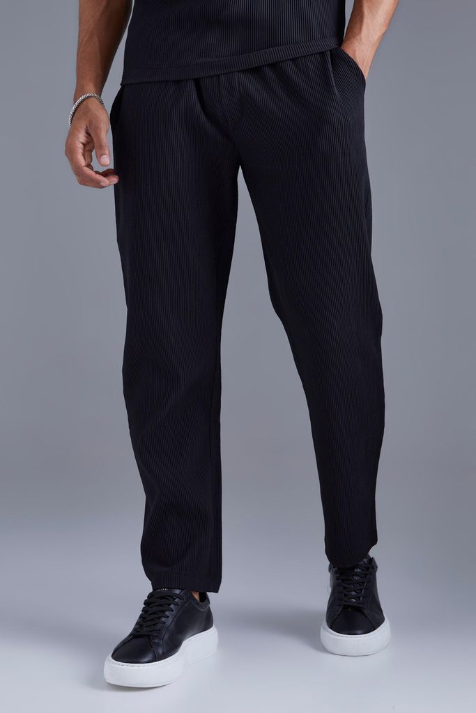 Men's Elastic Waist Tapered Fit Pleated Trouser - Black - S, Black