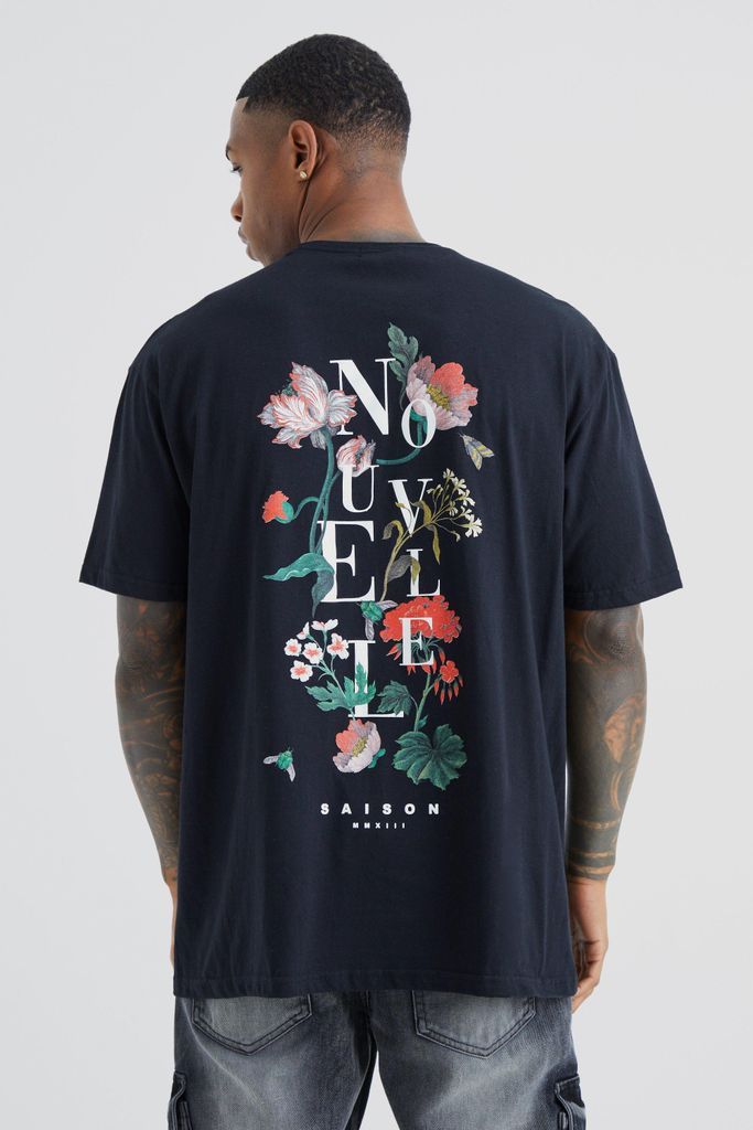 Men's Floral Graphic T-Shirt - Black - S, Black