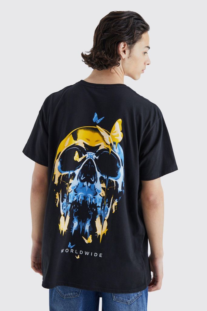 Men's Oversized Skull Butterfly Graphic T-Shirt - Black - S, Black