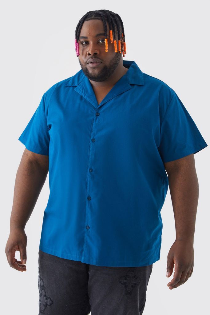 Men's Plus Short Sleeve Peached Poplin Oversized Revere Shirt - Blue - Xxxl, Blue