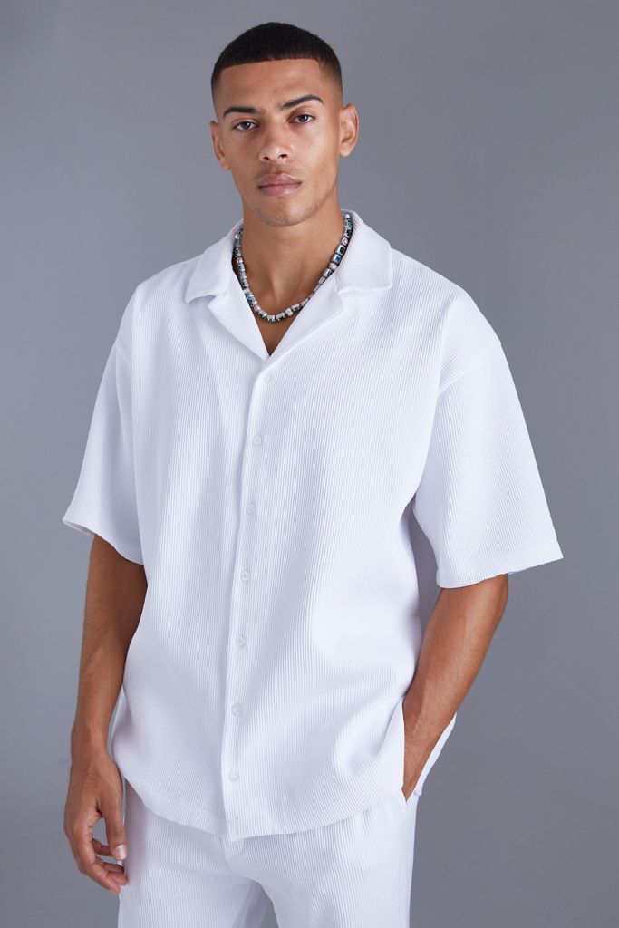 Men's Short Sleeve Revere Oversized Pleated Shirt - White - S, White