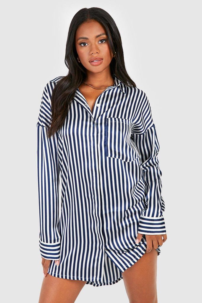 Womens Oversized Striped Satin Shirt Dresses - Navy - 8, Navy
