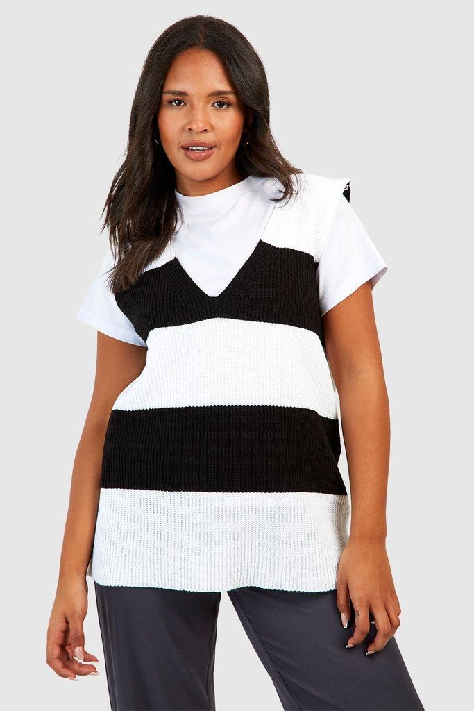 Womens Plus Stripe V Neck Boxy Knitted Vest - Black - 16, Black