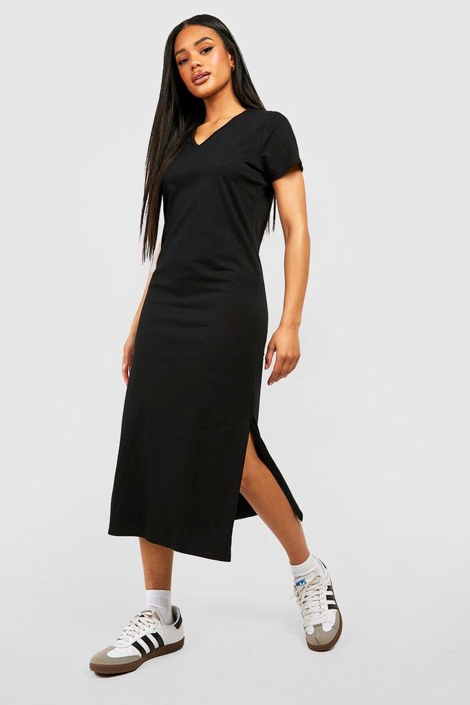 Womens V Neck Cotton T-Shirt Midaxi Dress - Black - 18, Black