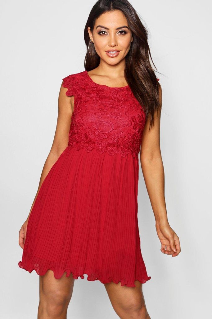 Womens Boutique Corded Lace Pleated Skater Dress - Red - 6, Red
