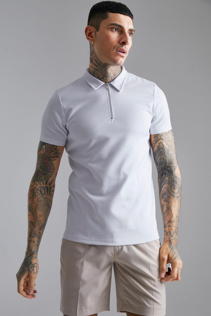 Men's Smart Slim Fit Zip Neck Polo - White - L, White