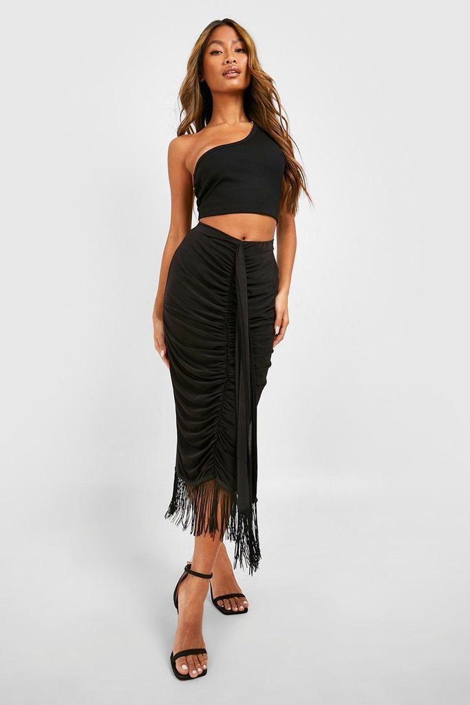 Womens Tassel Ruched Slinky Midi Skirt - Black - 6, Black