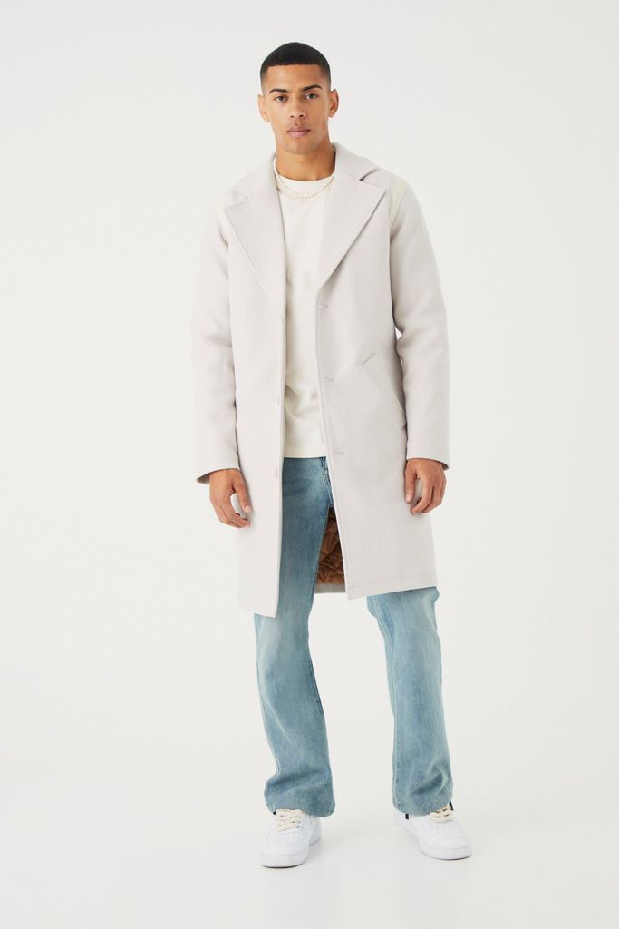 Men's Single Breasted Melton Overcoat With Pu - Cream - S, Cream