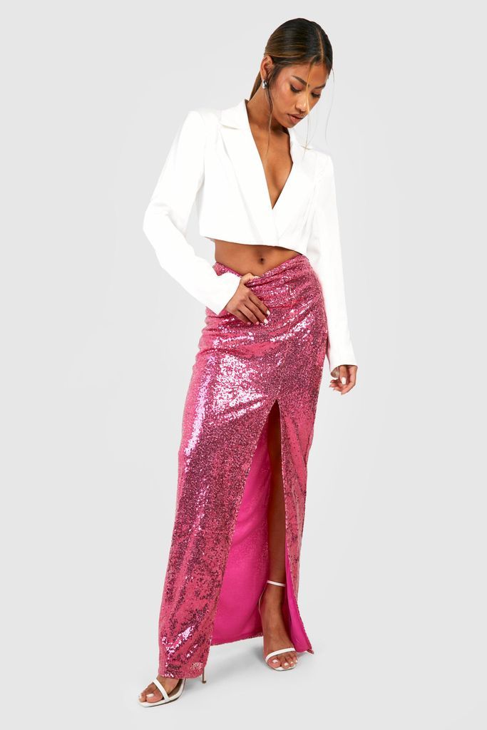 Womens Side Split Sequin Maxi Skirt - Pink - 6, Pink