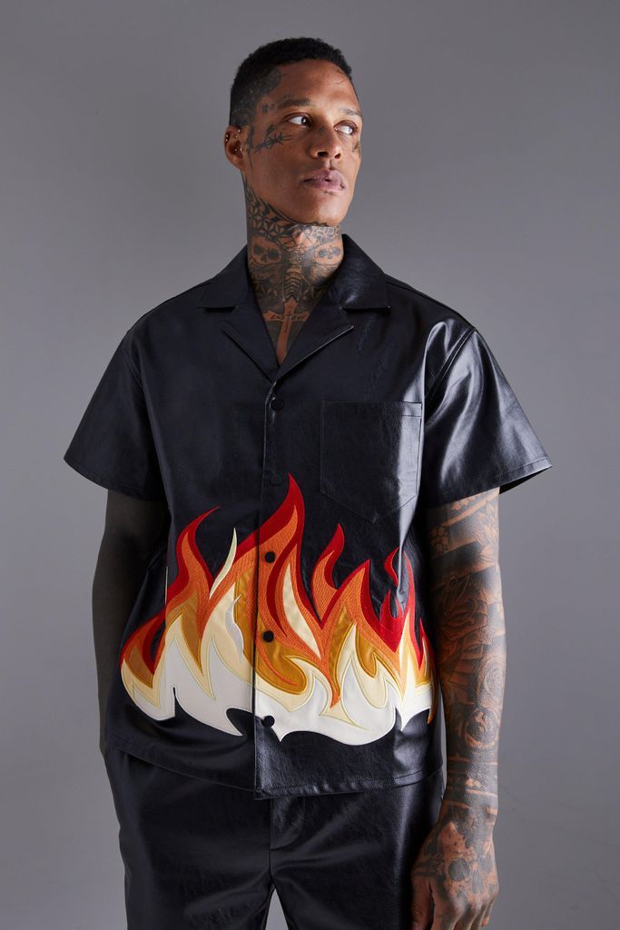 Men's Pu Short Sleeve Revere Boxy Flame Print Shirt - Black - S, Black