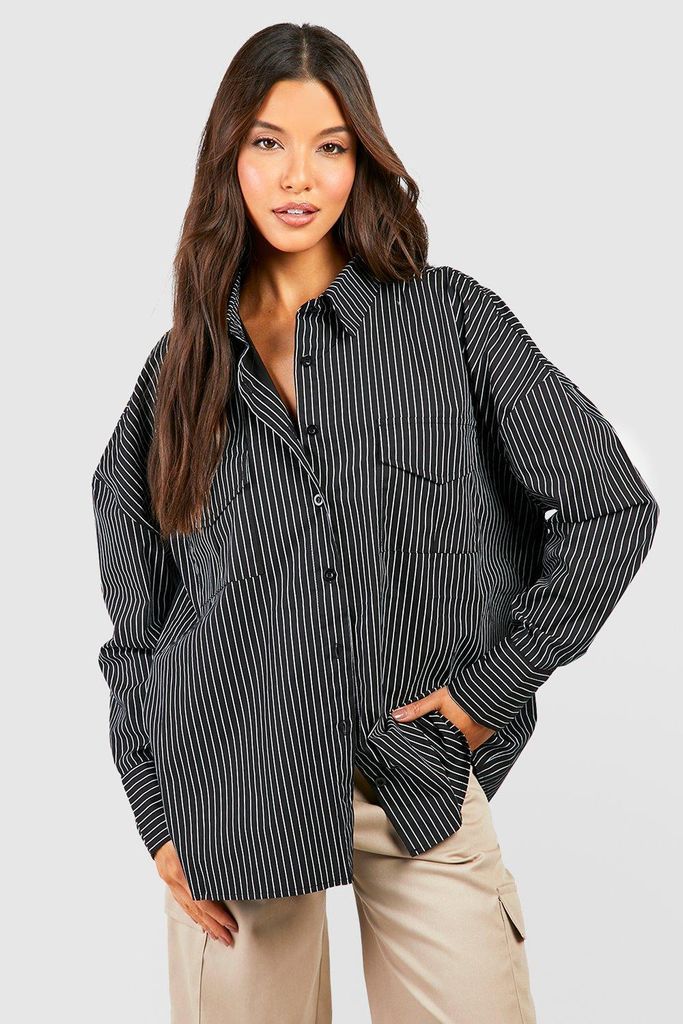 Womens Fine Stripe Double Pocket Oversized Shirt - Black - 8, Black