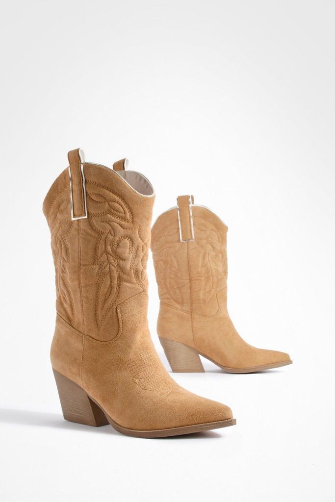 Womens Tab Detail Embroidered Western Cowboy Boots - Beige - 3, Beige