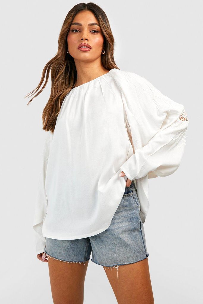 Womens Cut Out Embroidered Balloon Sleeve Blouse - Cream - 8, Cream