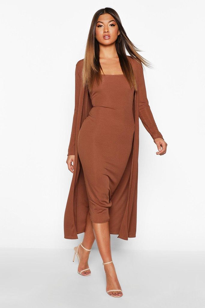 Womens Ribbed Midi Dress And Duster Set - Brown - 10, Brown
