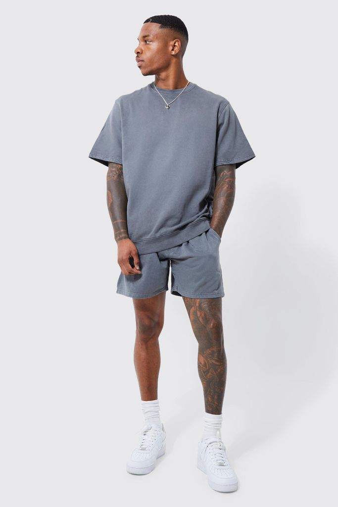 Men's Relaxed Garment Dyed Short Sweat Tracksuit - Grey - M, Grey