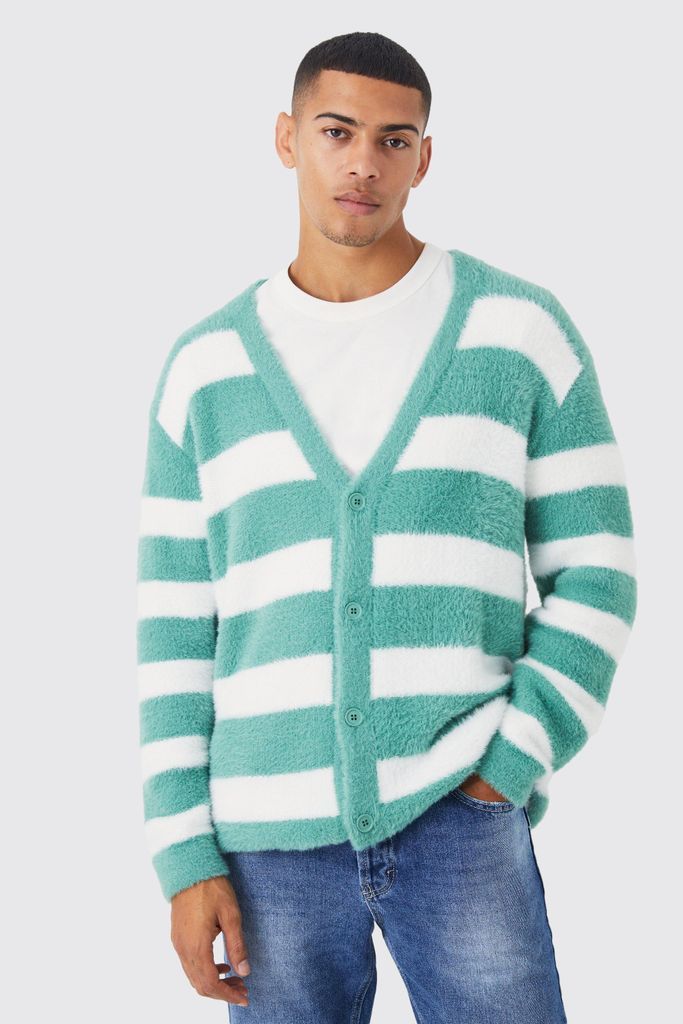 Men's Oversized Stripe Fluffy Cardigan - Green - S, Green