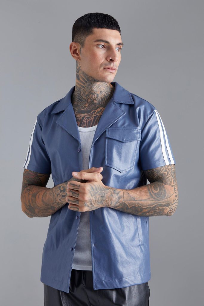 Men's Short Sleeve Dropped Revere Tape Detail Shirt - Blue - S, Blue