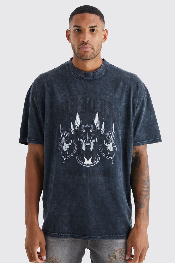 Men's Tall Oversized Dog Print Acid Wash T-Shirt - Black - S, Black