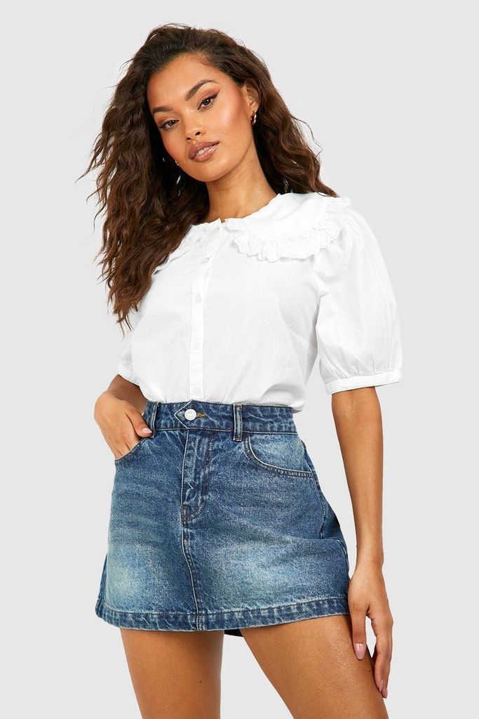 Womens Ruffle Collar Detail Cotton Shirt - White - 10, White
