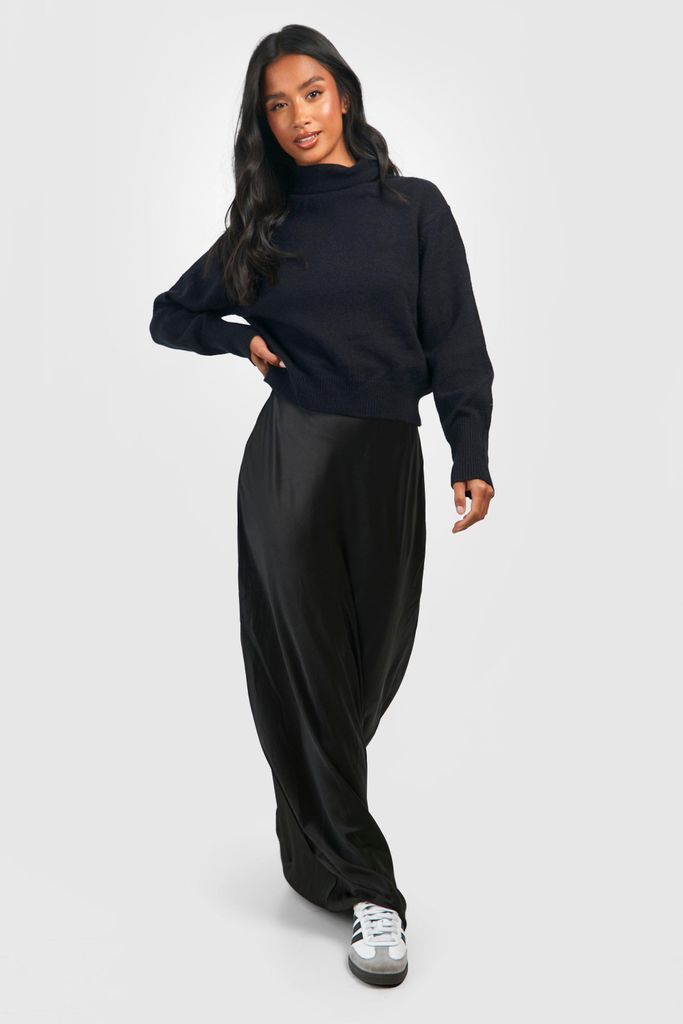 Womens Petite Satin Mix Knitted Roll Neck Maxi Dress - Black - S, Black
