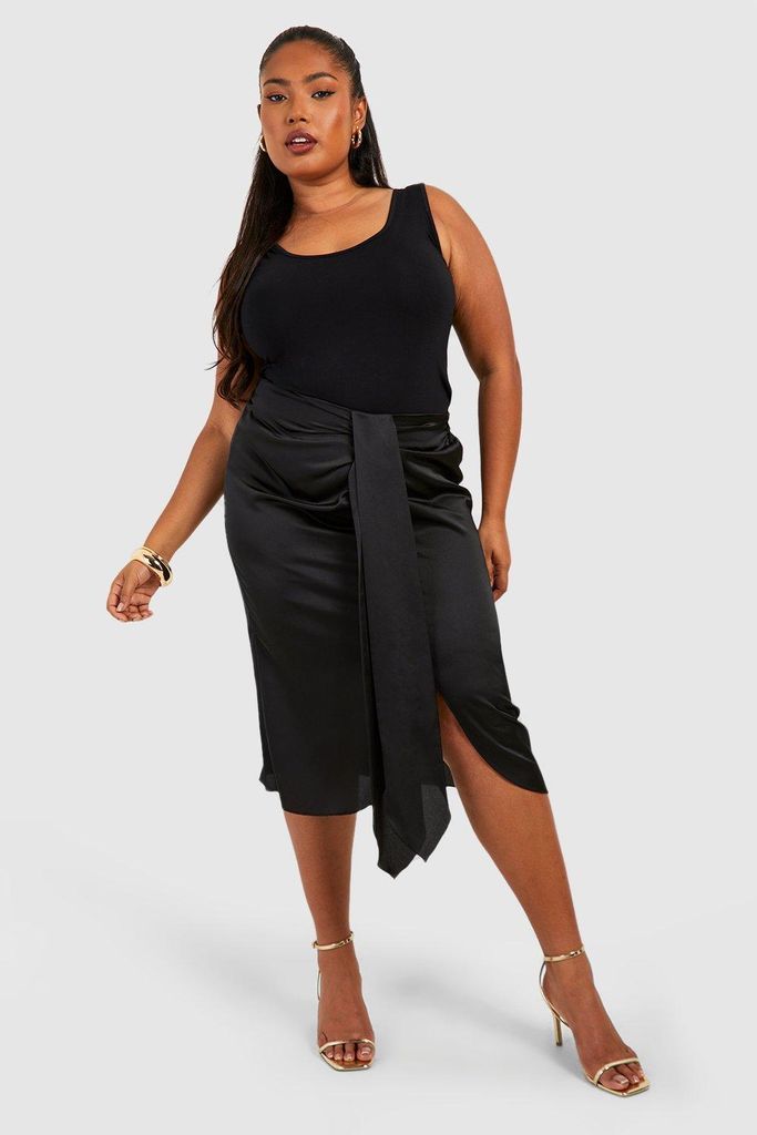 Womens Plus Satin Ruched Drape Midi Skirt - Black - 16, Black
