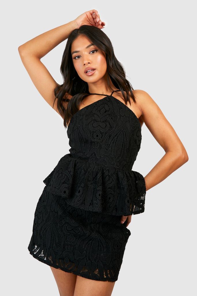 Womens Petite Premium Lace High Peplum Mini Dress - Black - 8, Black