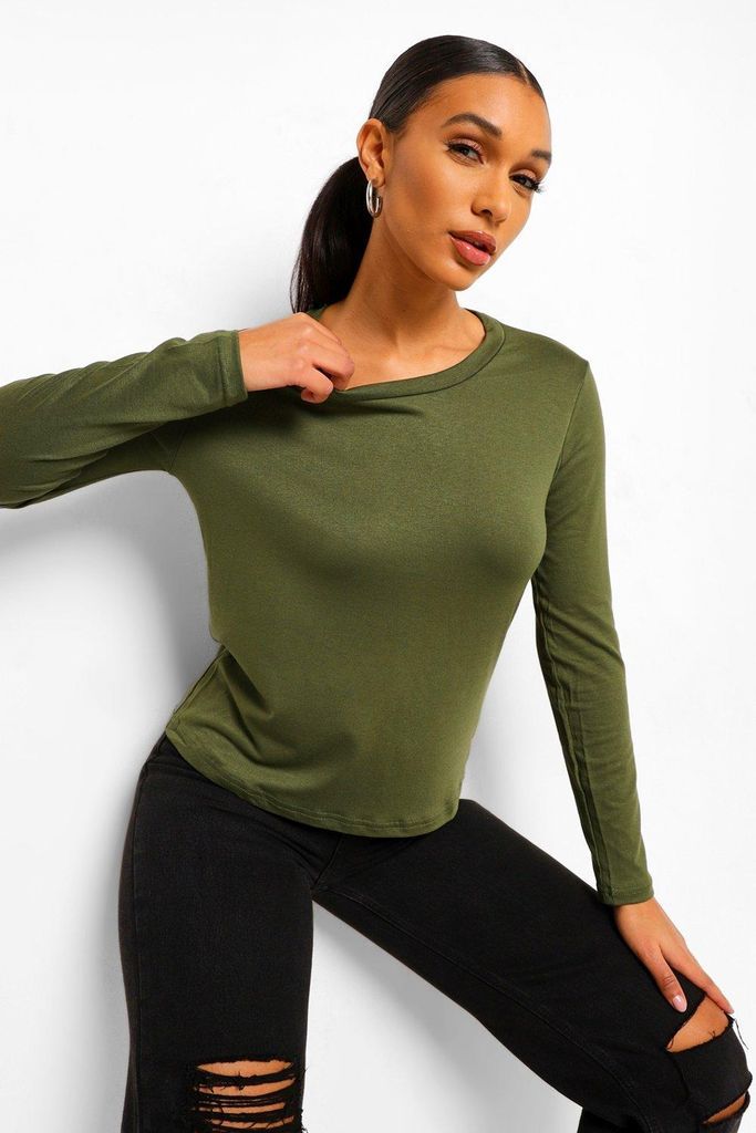 Womens Basic Long Sleeve Crew Neck T-Shirt - Green - 8, Green