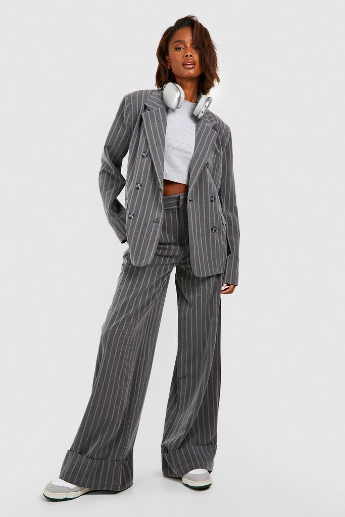 Womens Premium Pinstripe Wide Leg Turn Cuff Tailored Trousers - Grey - 14, Grey