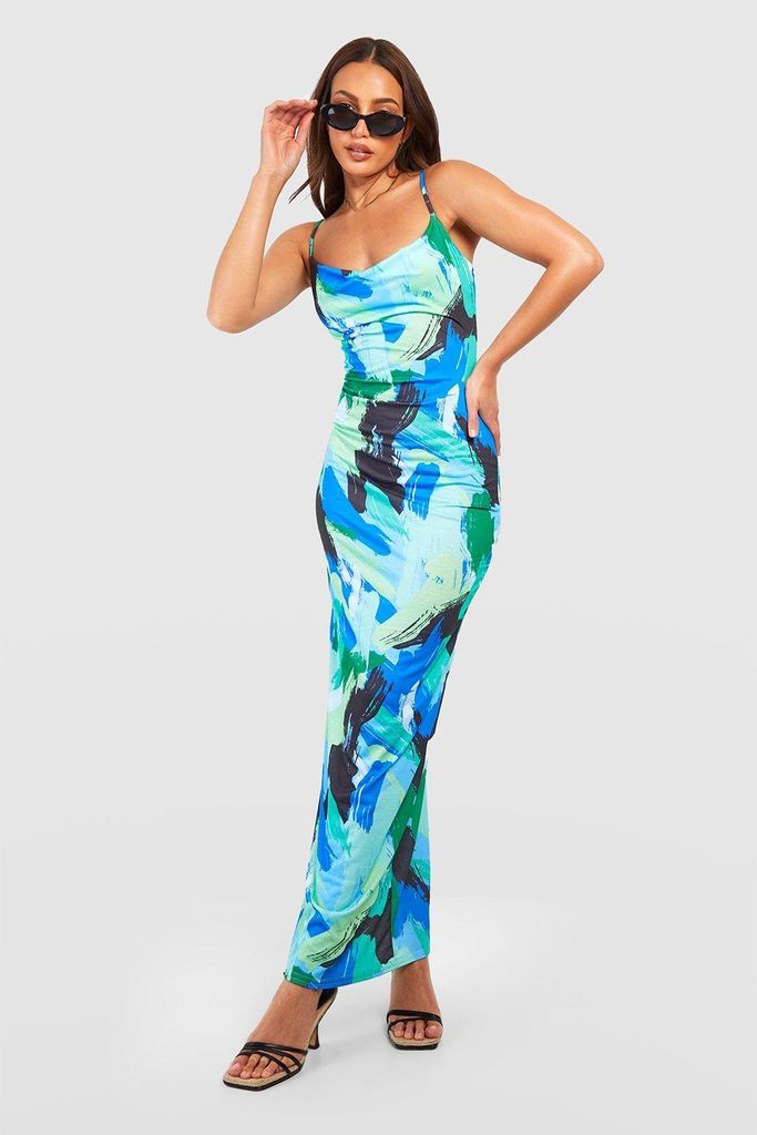 Womens Tall Bright Abstract Cowl Maxi Dress - Blue - 16, Blue