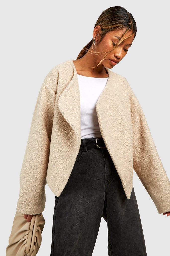 Womens Textured Wool Look Collarless Jacket - Beige - 14, Beige
