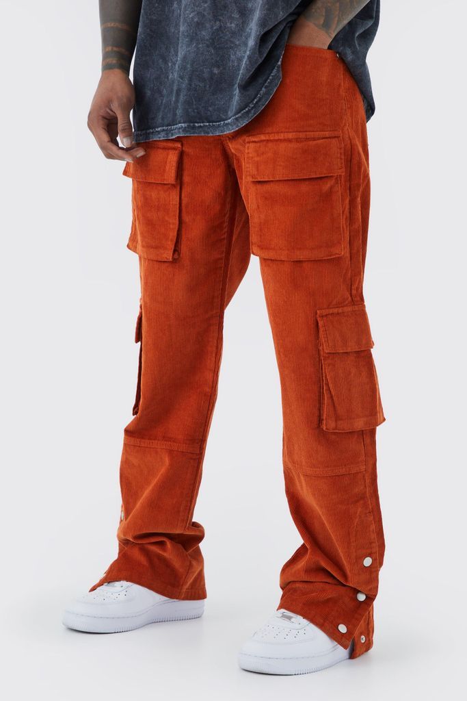 Men's Relaxed Multi Cargo Popper Hem Cord Trouser - Orange - 30R, Orange
