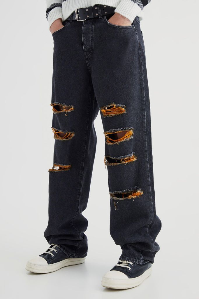 Men's Baggy Rigid Contrast Ripped Jeans - Black - 28R, Black
