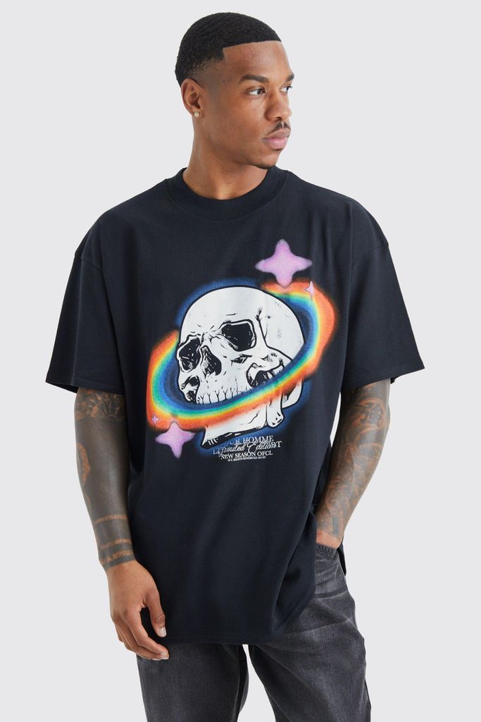 Men's Oversized Rainbow Skull T-Shirt - Black - S, Black