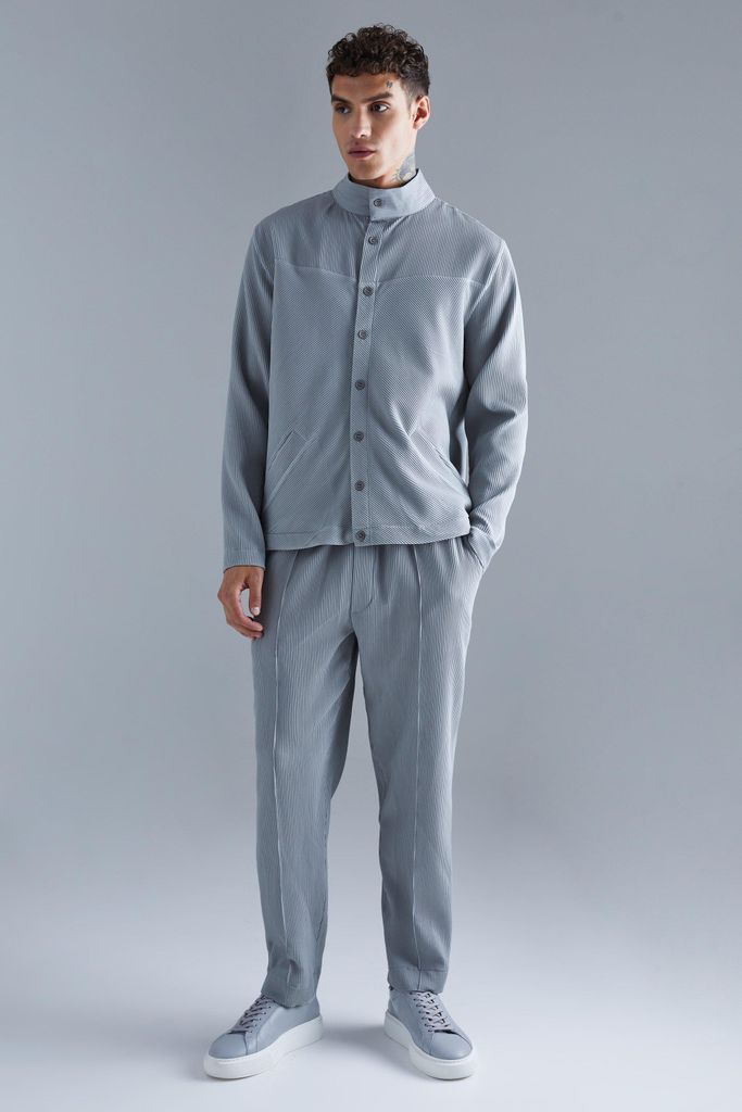 Men's Pleated Harrington & Elasticated Pintuck Trouser Set - Grey - S, Grey