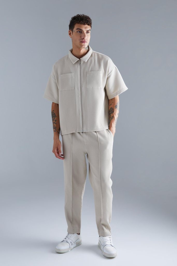 Men's Pleated Short Sleeve Shirt & Elasticated Pintuck Trouser Set - Grey - S, Grey