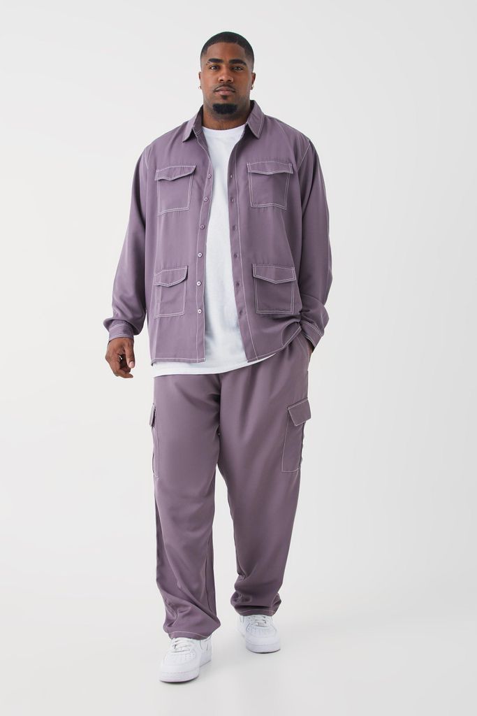 Men's Plus Contrast Stitch Twill Overshirt & Cargo Trouser Set - Grey - Xxxl, Grey
