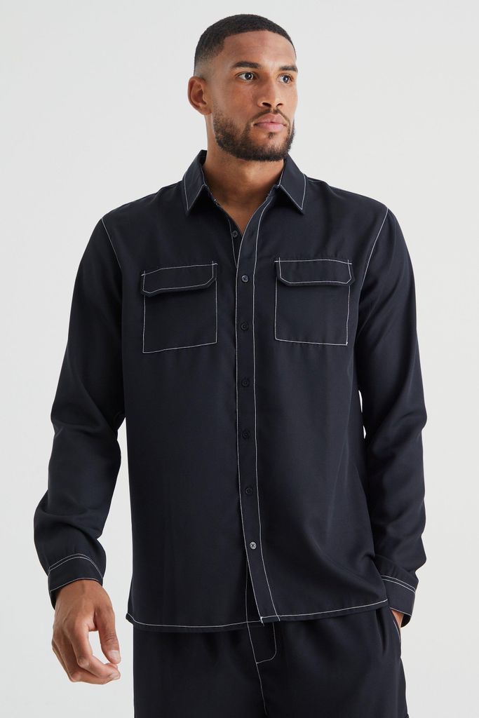 Men's Tall Contrast Stitch Twill Overshirt - Black - S, Black