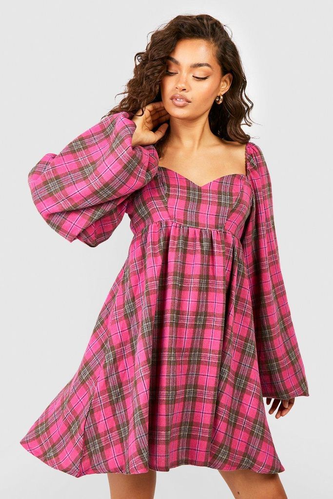 Womens Check Puff Sleeve Smock Dress - Pink - 8, Pink