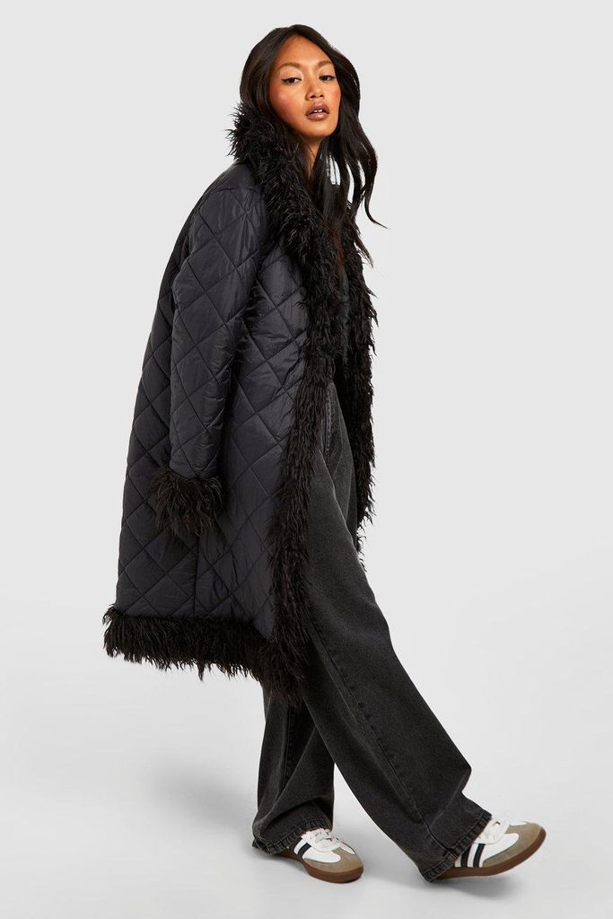 Womens Faux Fur Trim Longline Puffer Jacket - Black - 8, Black