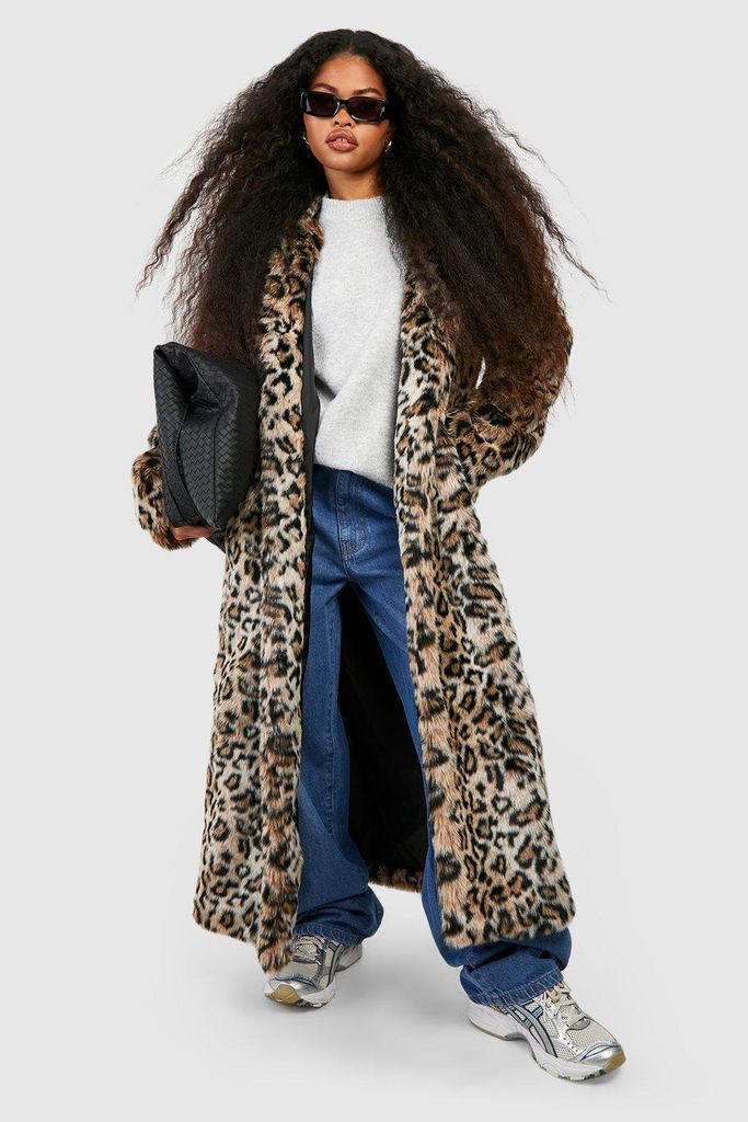 Womens Leopard Faux Fur Maxi Coat - Multi - 8, Multi