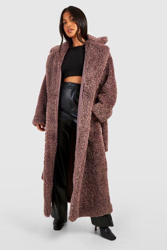 Womens Petite Belted Textured Maxi Fur Coat - Purple - 6, Purple