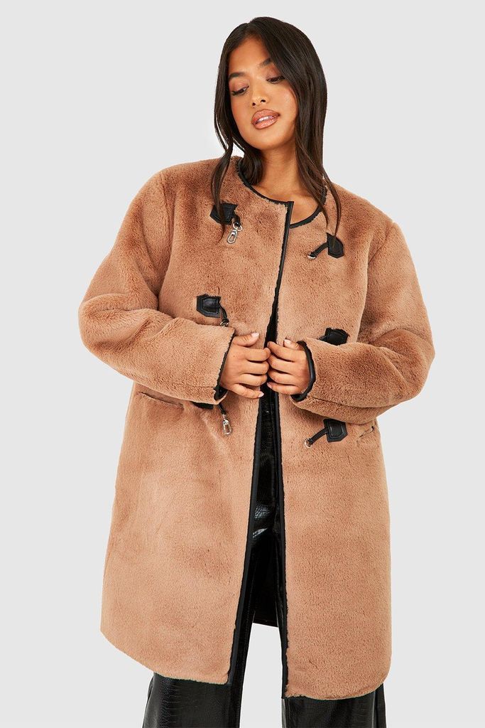 Womens Petite Faux Fur Buckle Detail Coat - Brown - 6, Brown