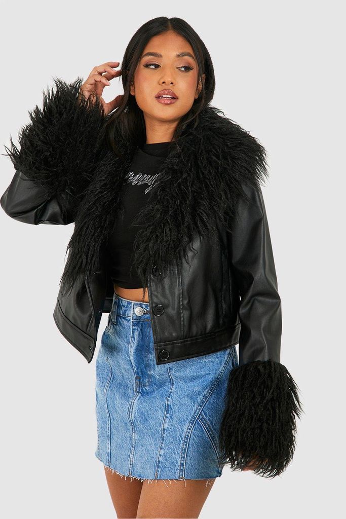 Womens Petite Faux Fur Trim Crop Pu Jacket - Black - 8, Black