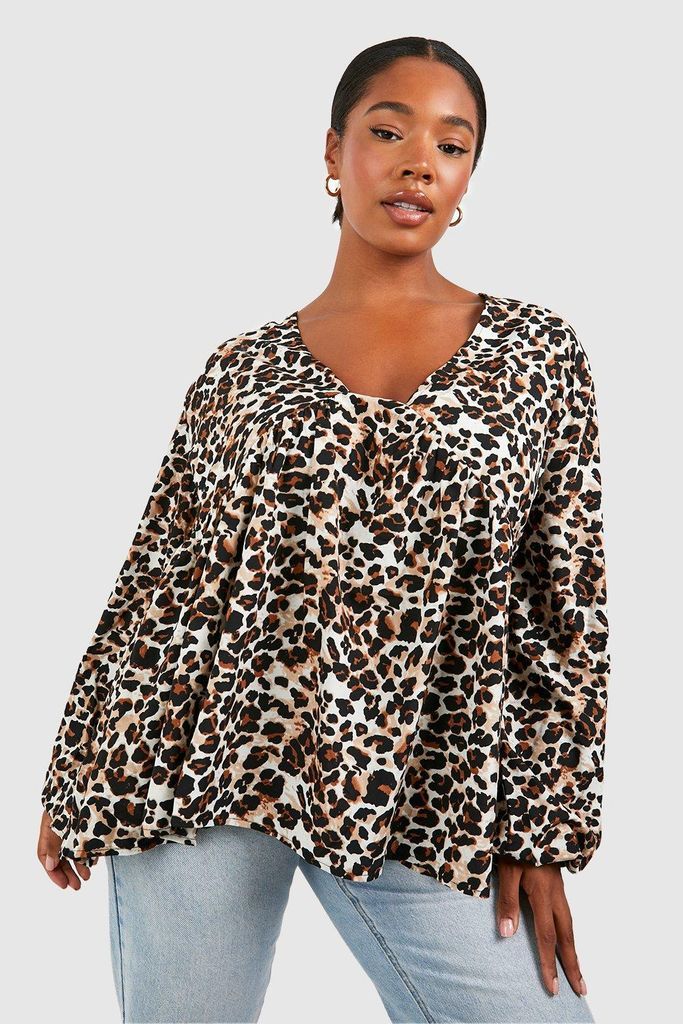 Womens Plus Leopard Long Sleeve Smock Top - Brown - 16, Brown