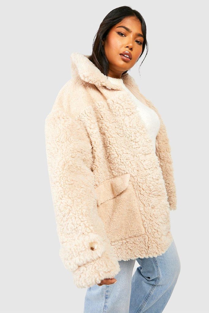 Womens Plus Textured Faux Fur Jacket - Beige - 16, Beige