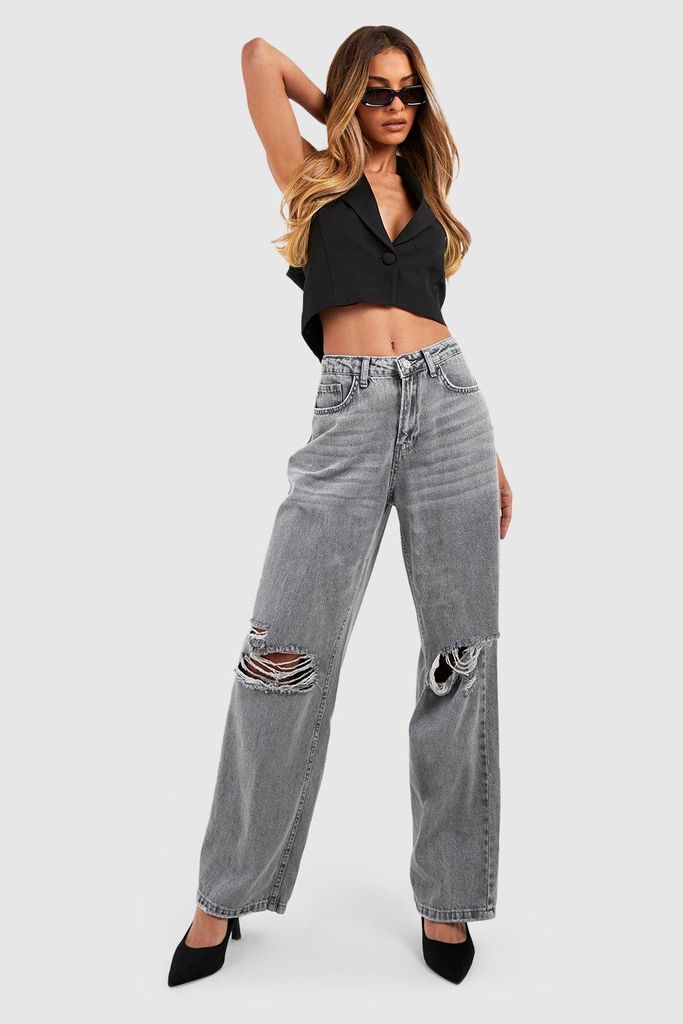 Womens Ripped Knee Distressed High Waist Wide Leg Jeans - Grey - 6, Grey