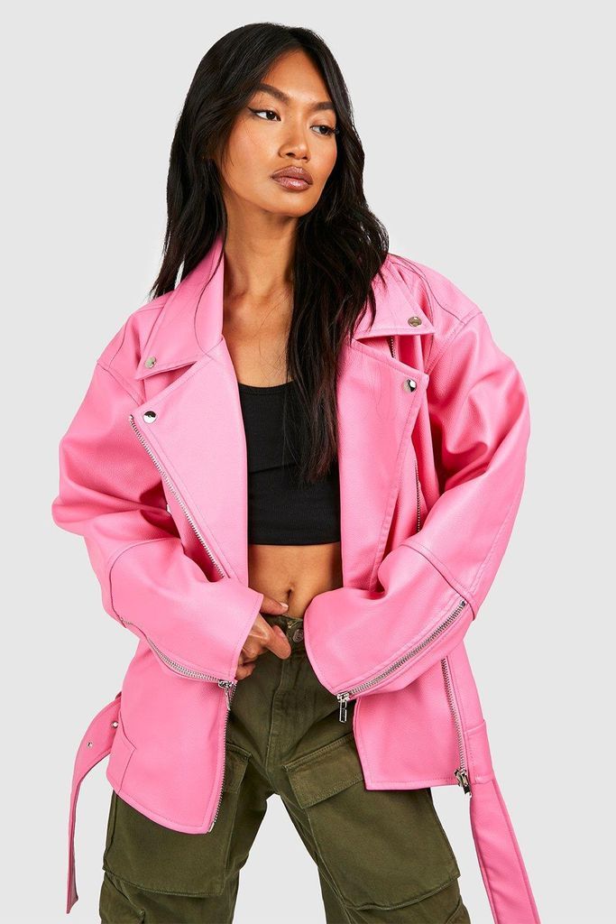 Womens Super Oversized Belted Biker Jacket - Pink - 8, Pink
