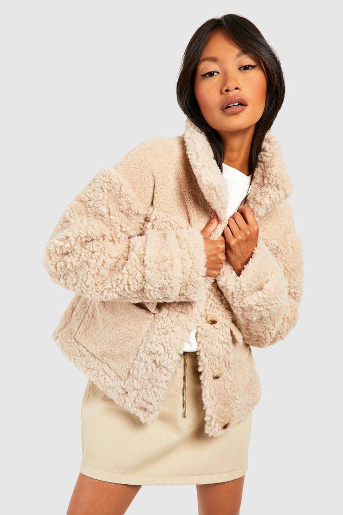 Womens Textured Faux Fur Jacket - Beige - 10, Beige